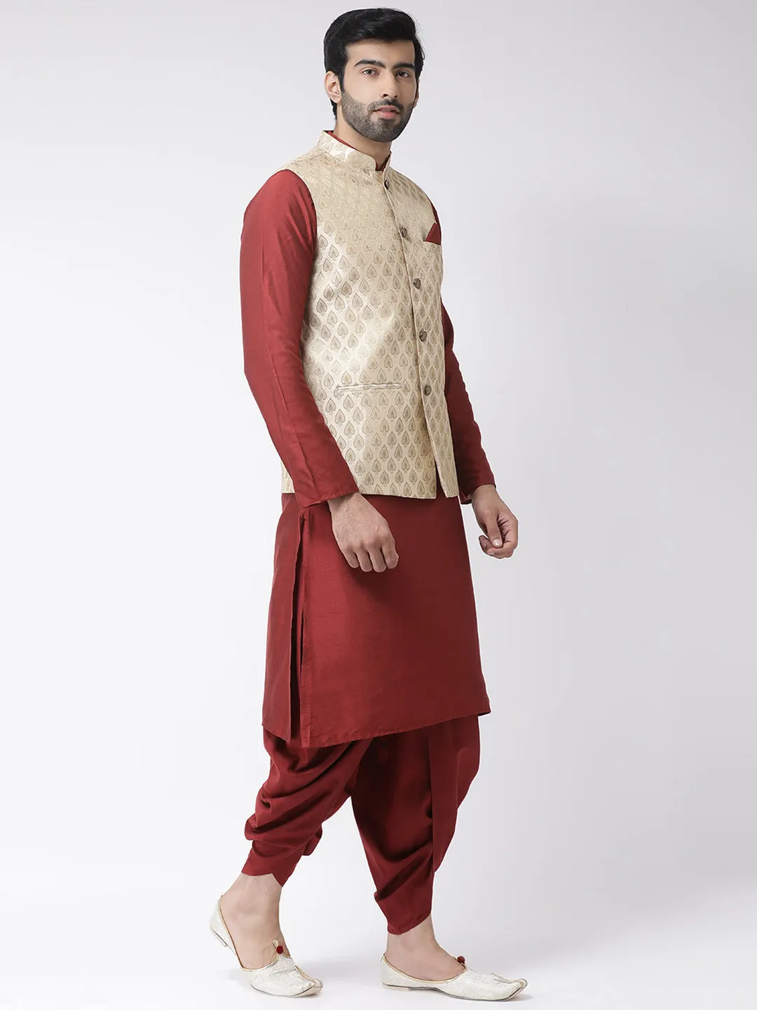 Men Yellow Kurta Jacket Dhoti Set