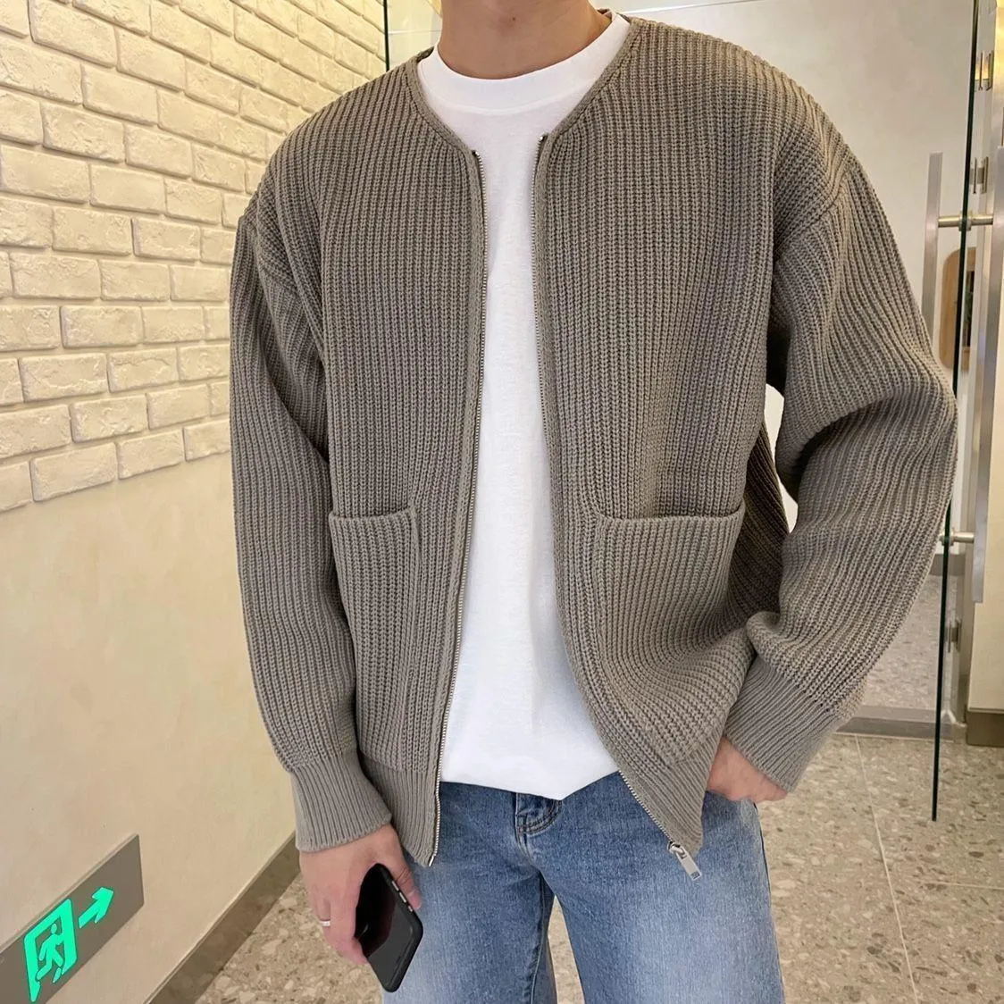 Men Zip Up Knitted Cardigan All Seasons Comfortable Soft Long Sleeve