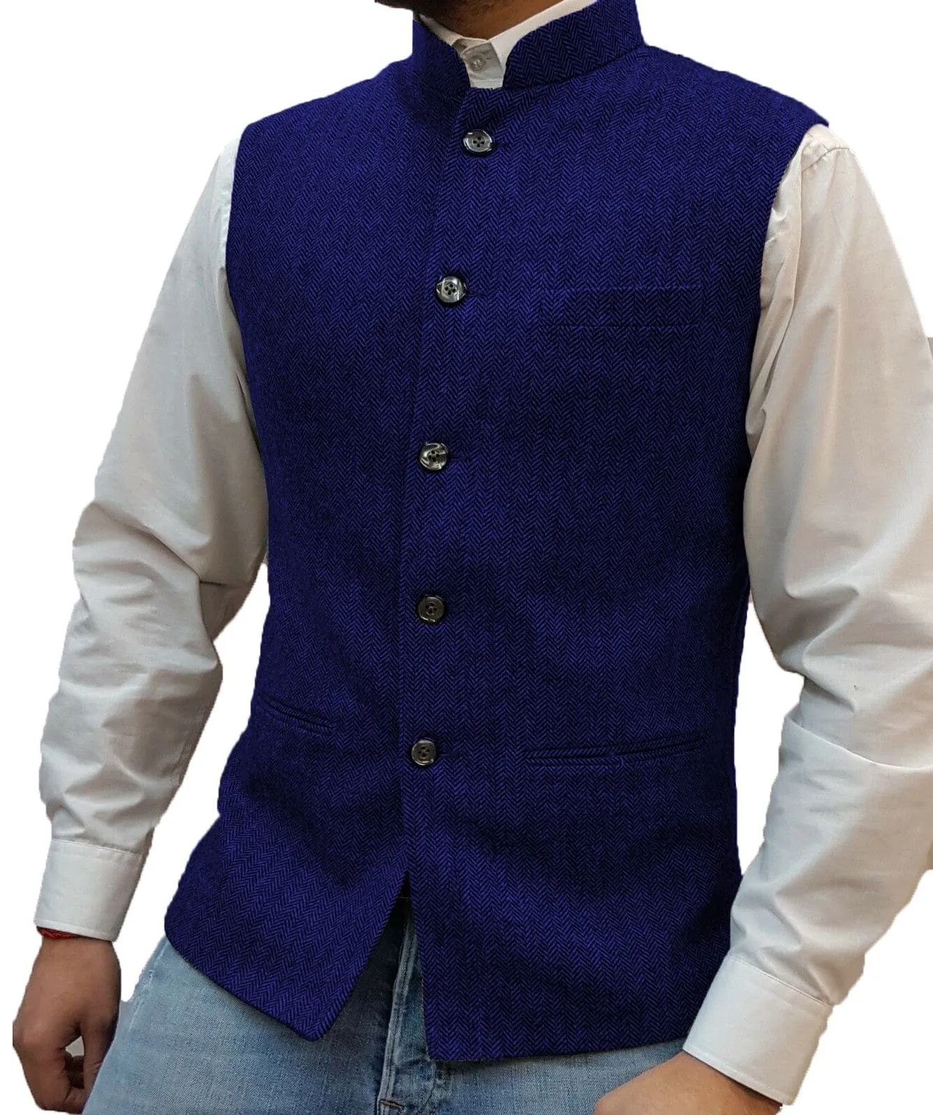 Men's Casual Slim Fit herringbone Stand Collar Waistcoat