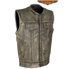 Men's Distressed Brown Leather Motorcycle Club Vest