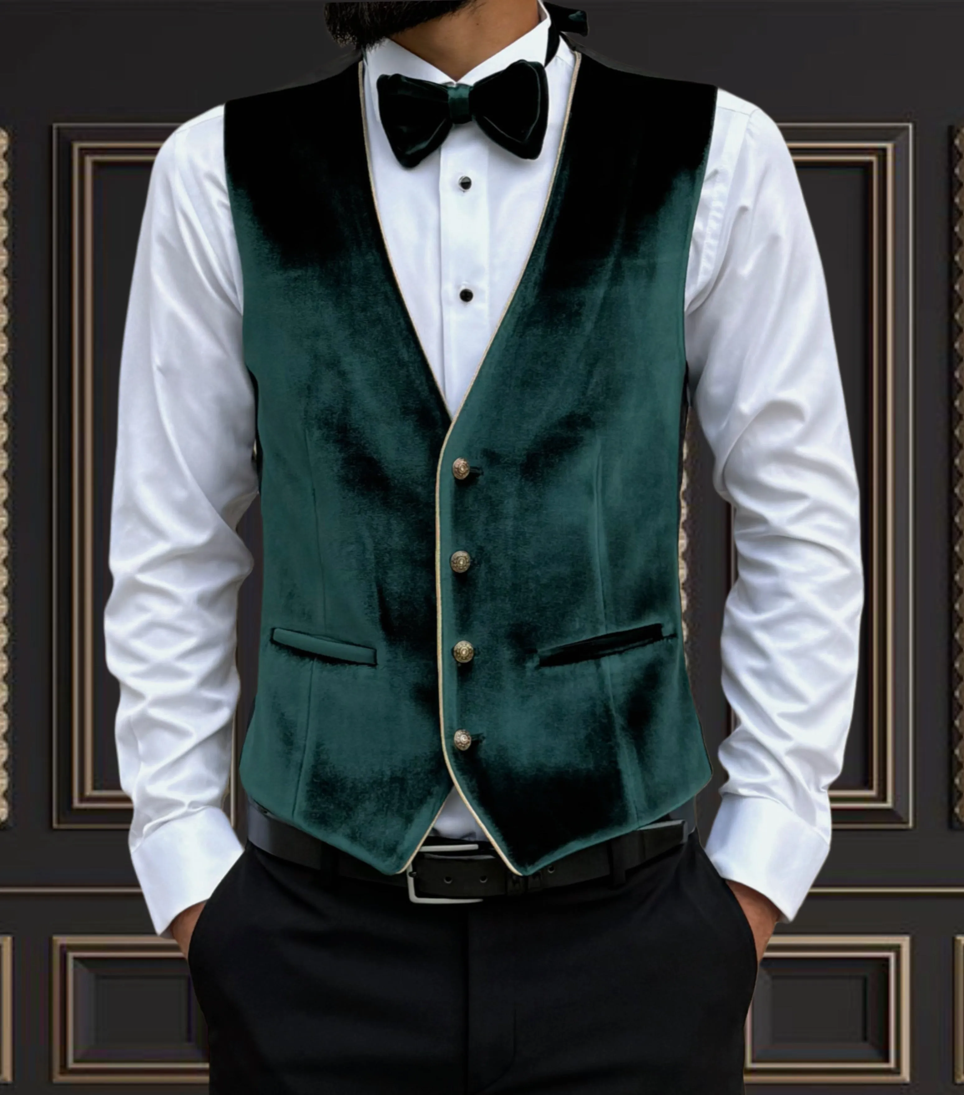 Men's Emerald Green Velvet Tuxedo with Gold Shawl Lapel Trim | Luxurious Formal Wear