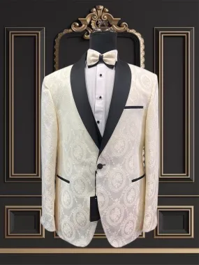 Mens Floral White Tuxedo with Black Shawl Lapel Slim fit 3 piece Tuxedo | Big And Tall | Weddings and Special Eventse