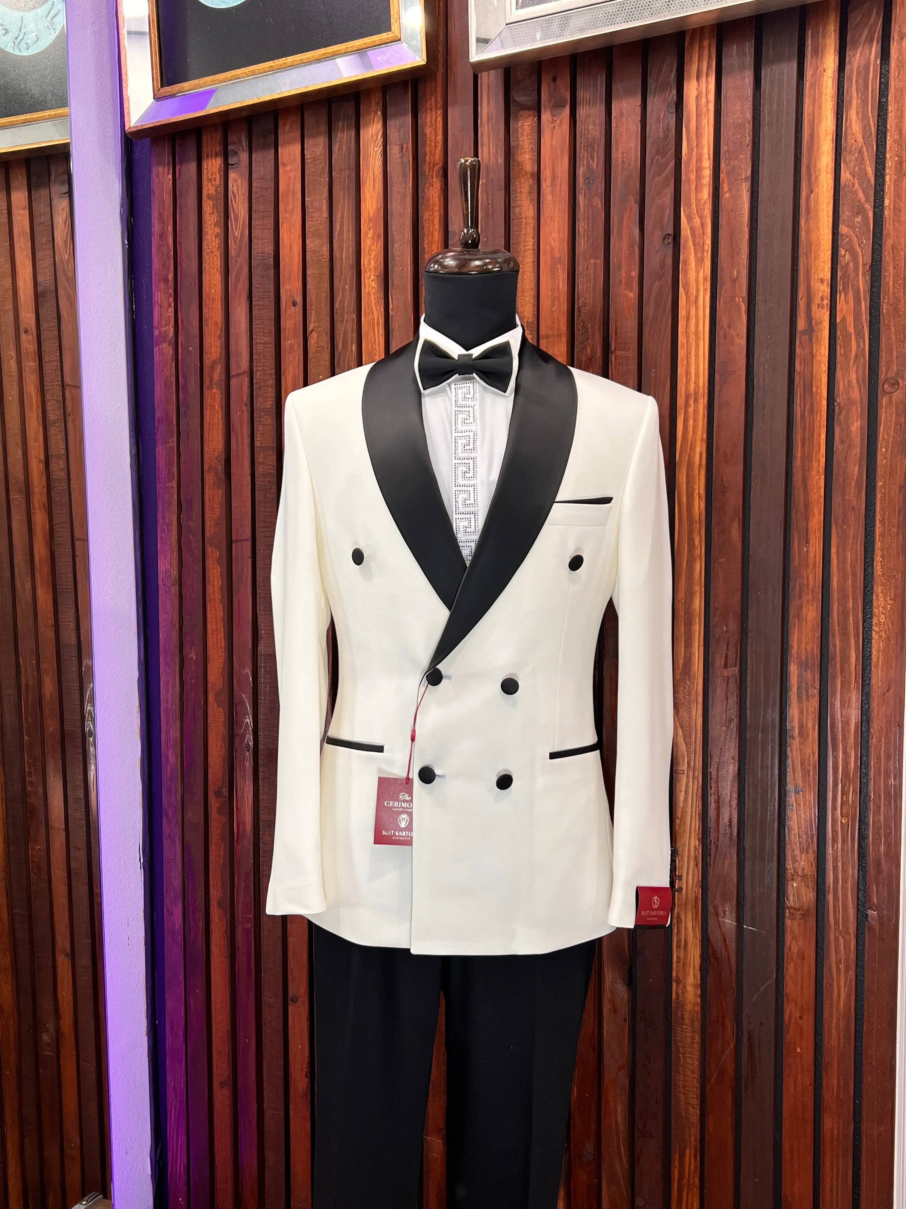 Men's Off-White Double Breasted Tuxedo with Shawl Lapel &amp; Black Buttons