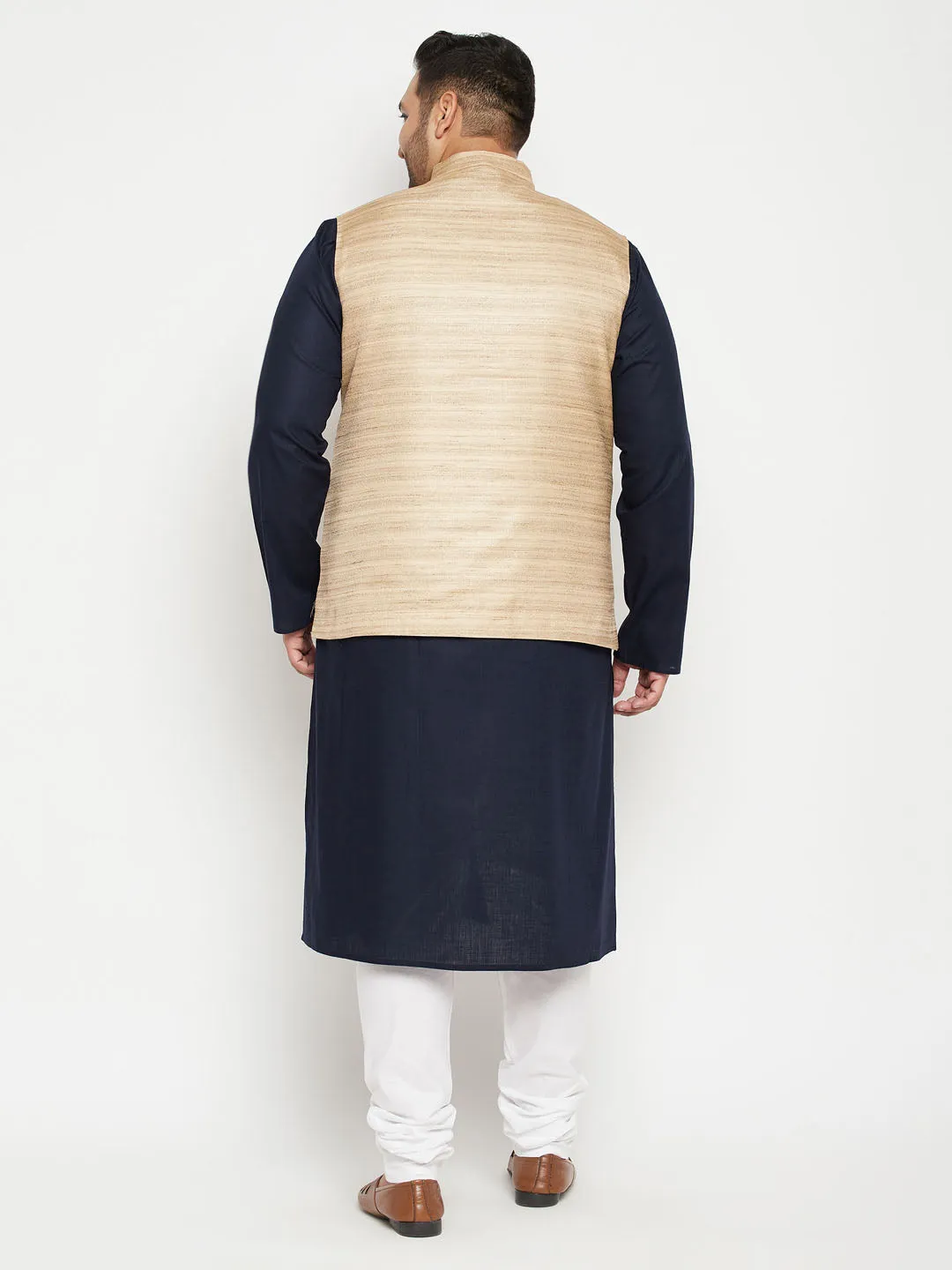 Men's Plus Navy Blue, Beige And White Cotton Blend Jacket Kurta Pyjama Set - Vastramay