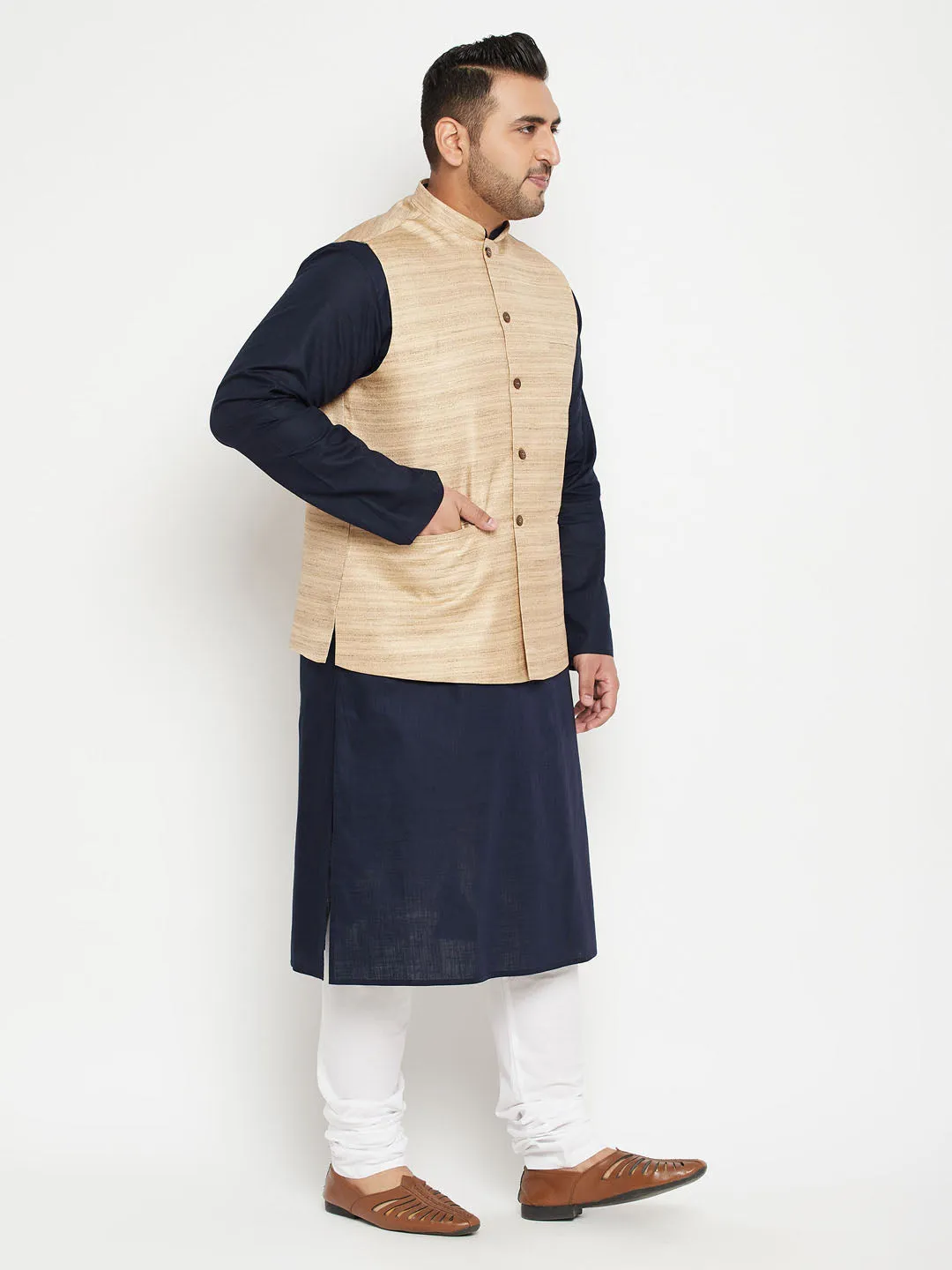 Men's Plus Navy Blue, Beige And White Cotton Blend Jacket Kurta Pyjama Set - Vastramay