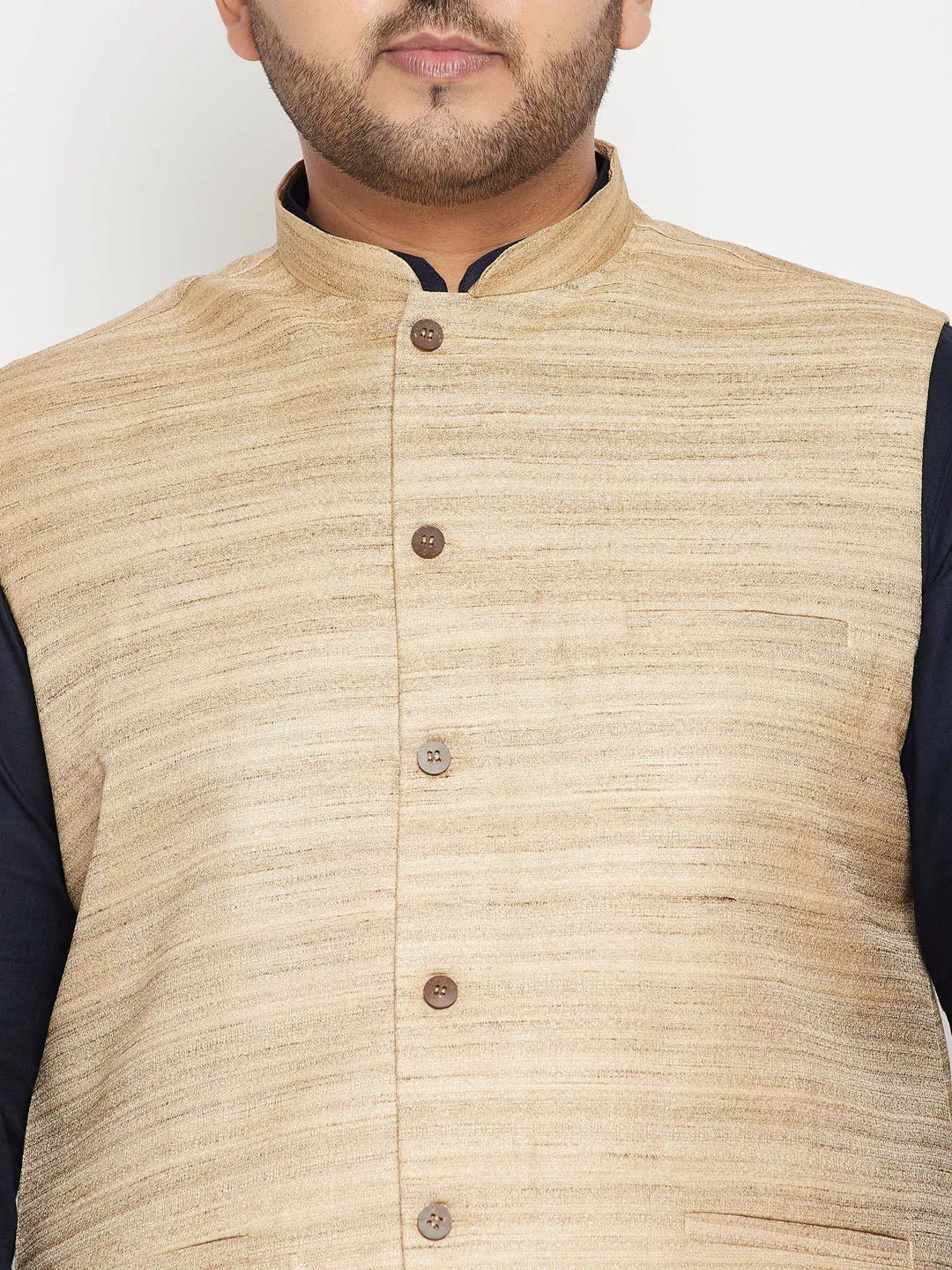 Men's Plus Navy Blue, Beige And White Cotton Blend Jacket Kurta Pyjama Set - Vastramay