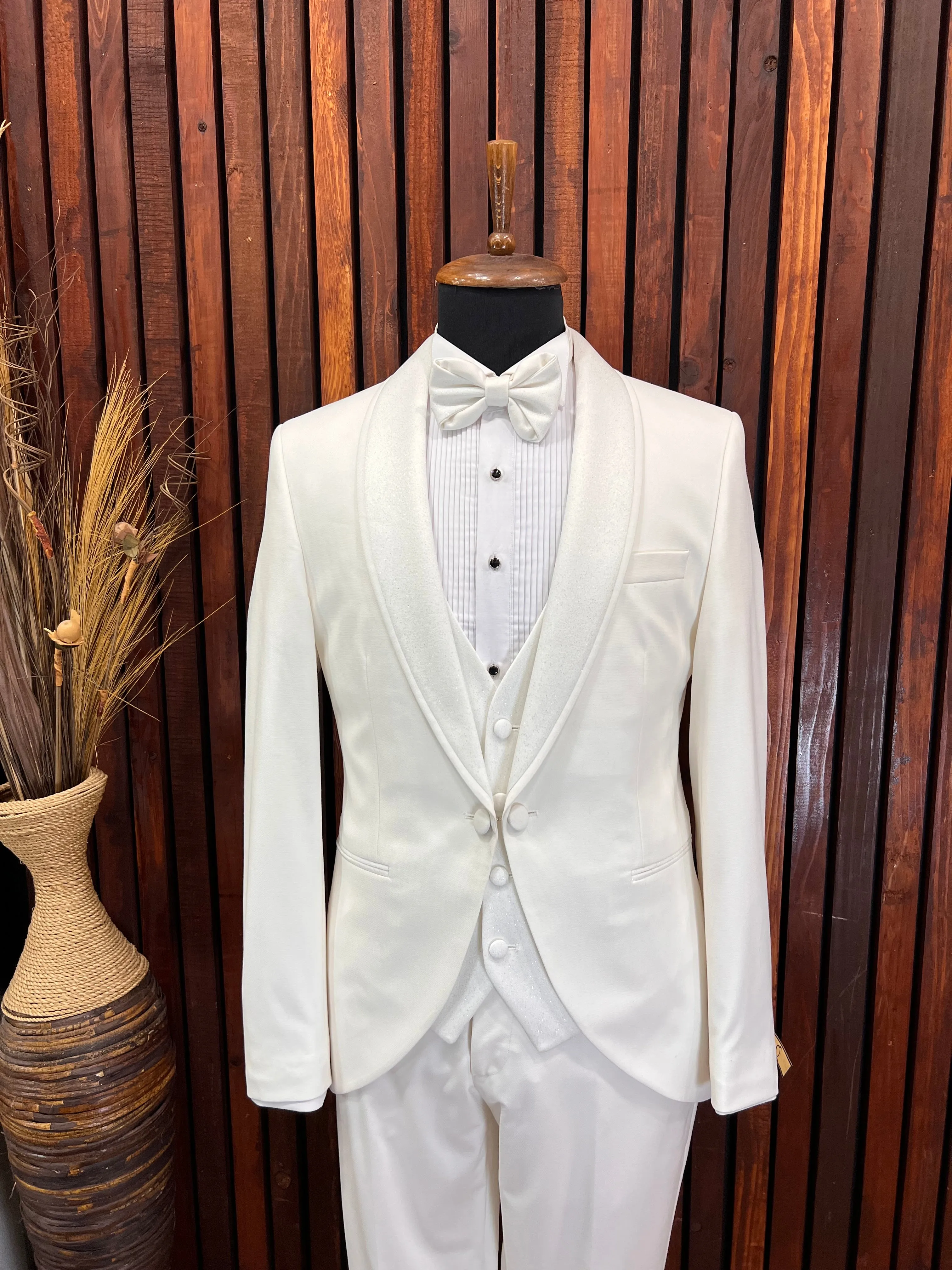 Mens Premium Slim Fit Off White Tuxedo