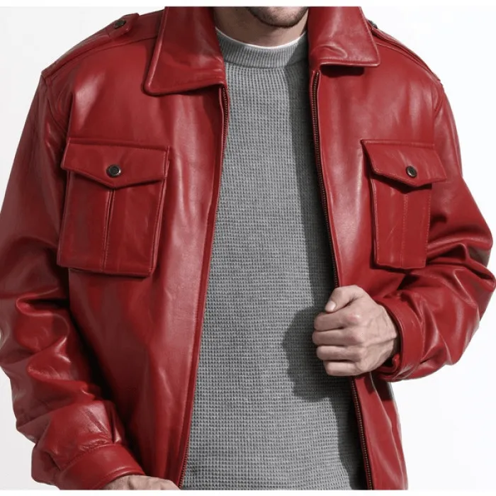 Mens Red Leather Bomber Jacket