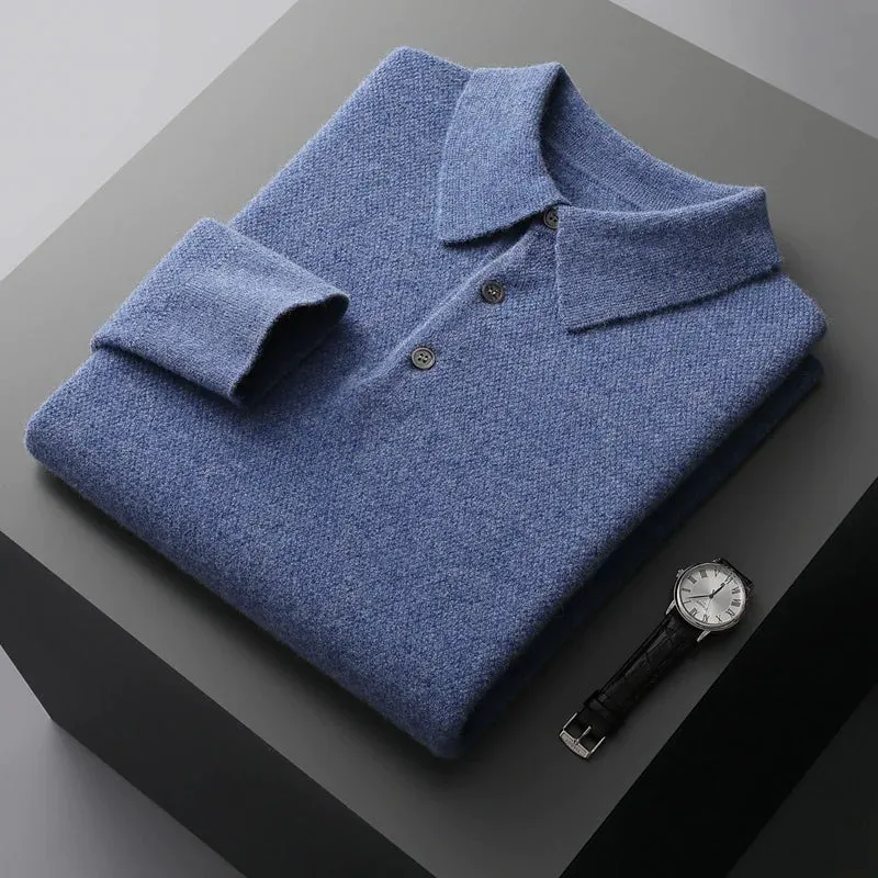 Men's Solid Colour Polo Collar Knitted Cardigan