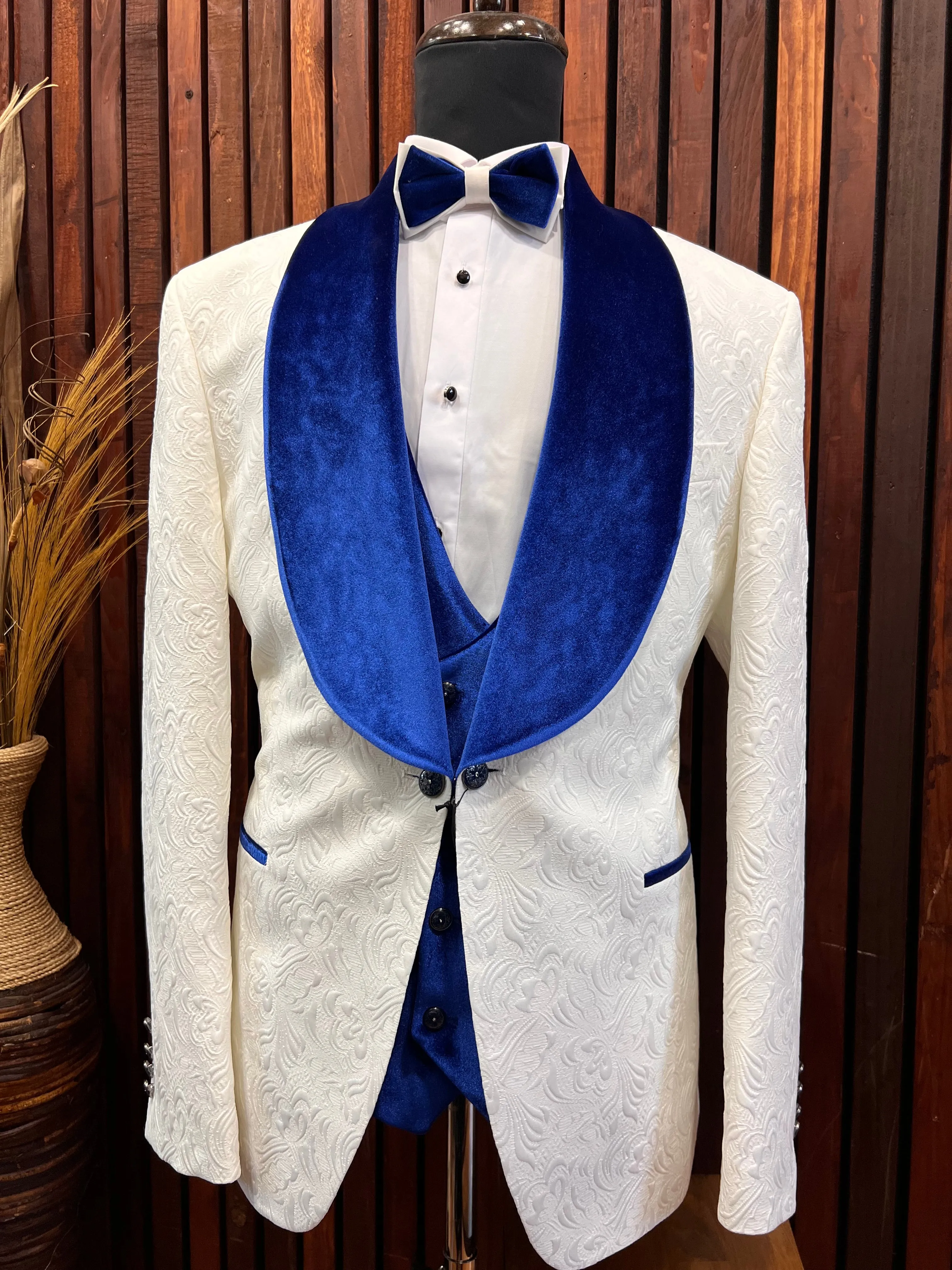 Mens White Tuxedo with Blue Velvet Shawl Lapel Slim fit 3 piece Tuxedo | Big And Tall | Weddings and Special Eventse