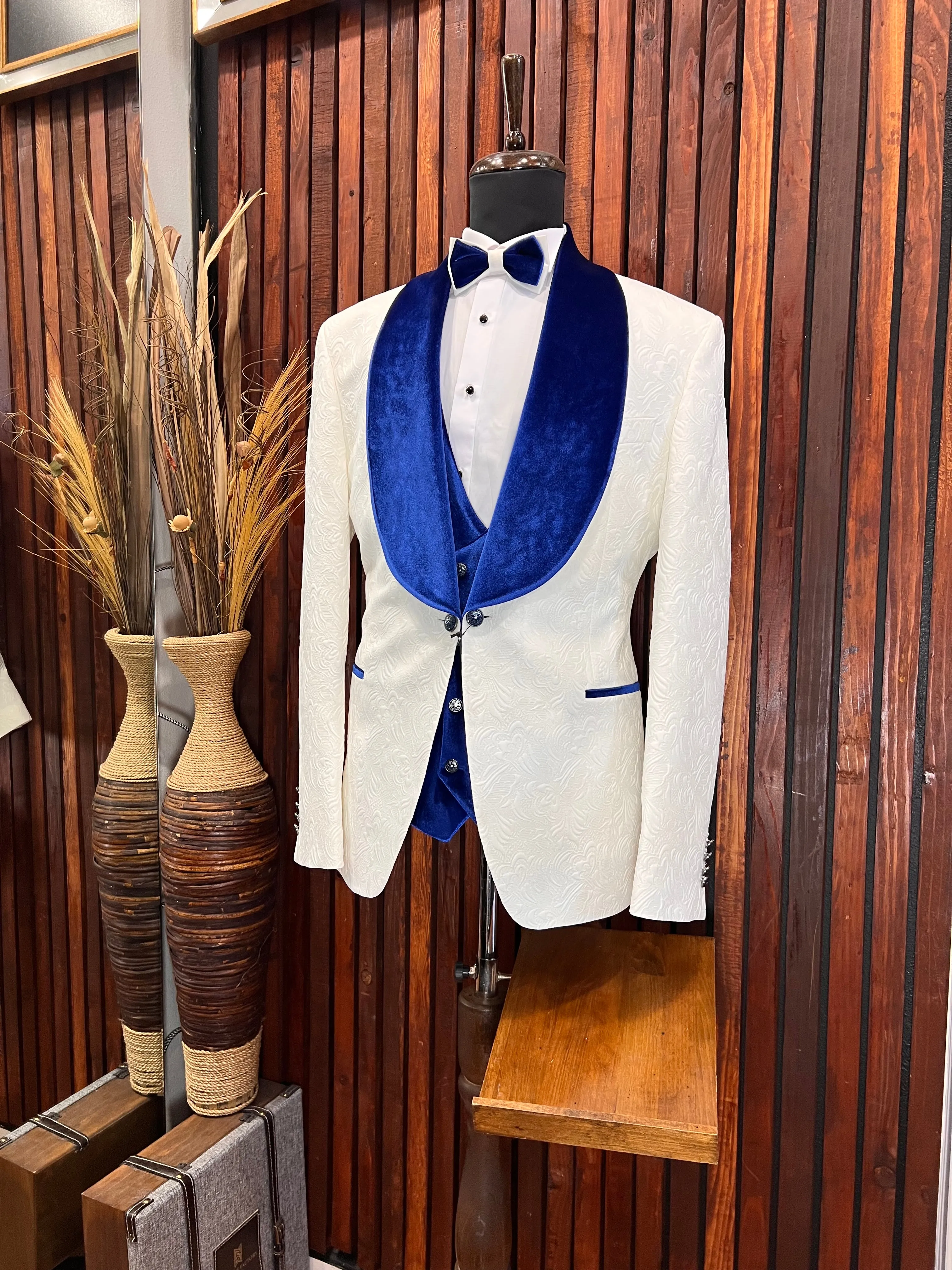 Mens White Tuxedo with Blue Velvet Shawl Lapel Slim fit 3 piece Tuxedo | Big And Tall | Weddings and Special Eventse