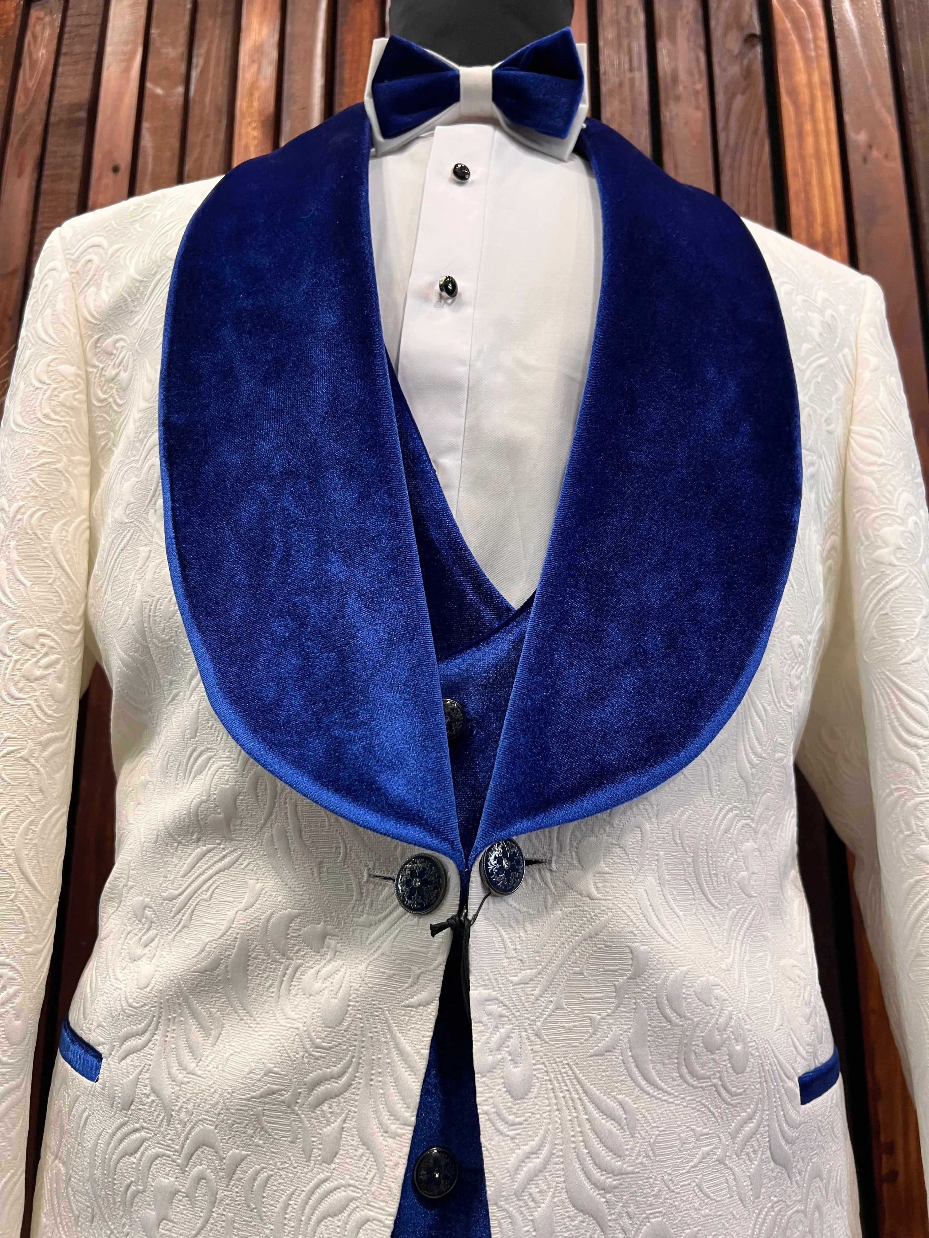 Mens White Tuxedo with Blue Velvet Shawl Lapel Slim fit 3 piece Tuxedo | Big And Tall | Weddings and Special Eventse