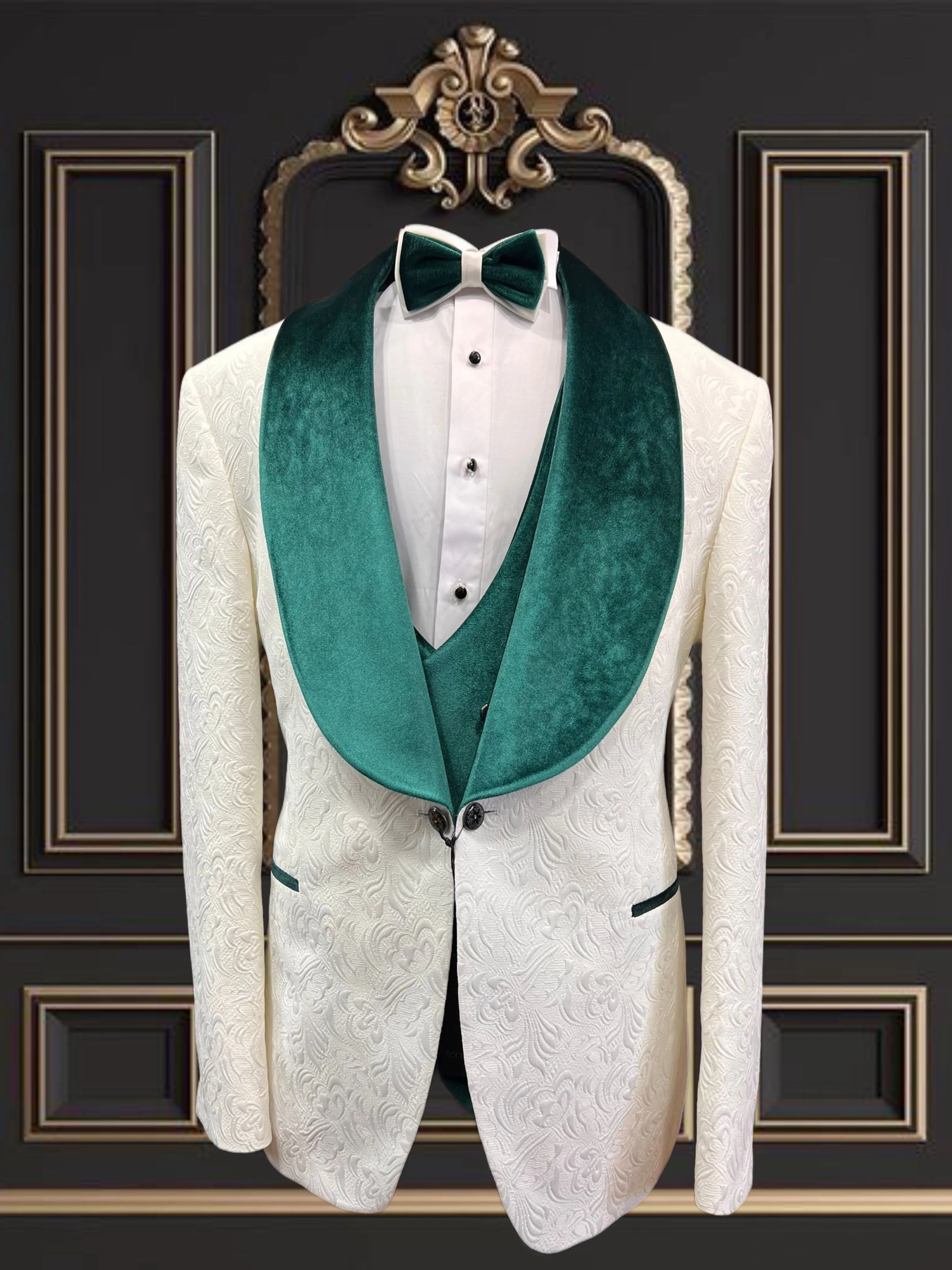 Mens White Tuxedo with Green Velvet Shawl Lapel Slim fit 3 piece Tuxedo | Big And Tall | Weddings and Special Eventse