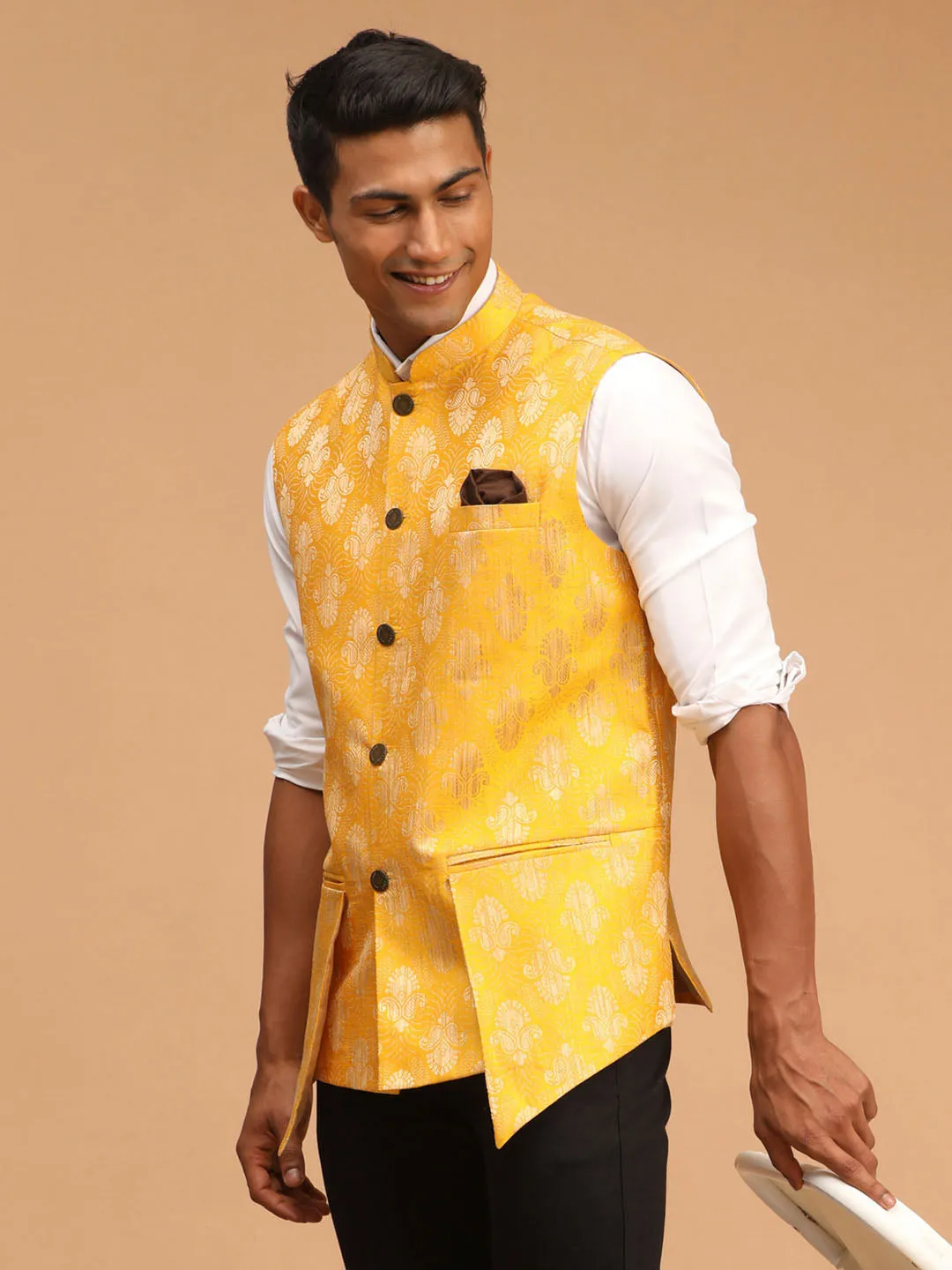 Men's Yellow Silk Blend Nehru Jacket - Shrestha By Vastramay