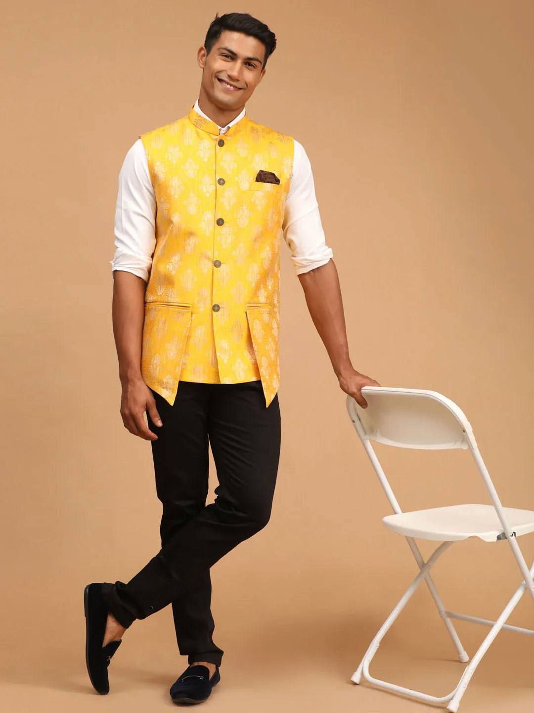 Men's Yellow Silk Blend Nehru Jacket - Shrestha By Vastramay