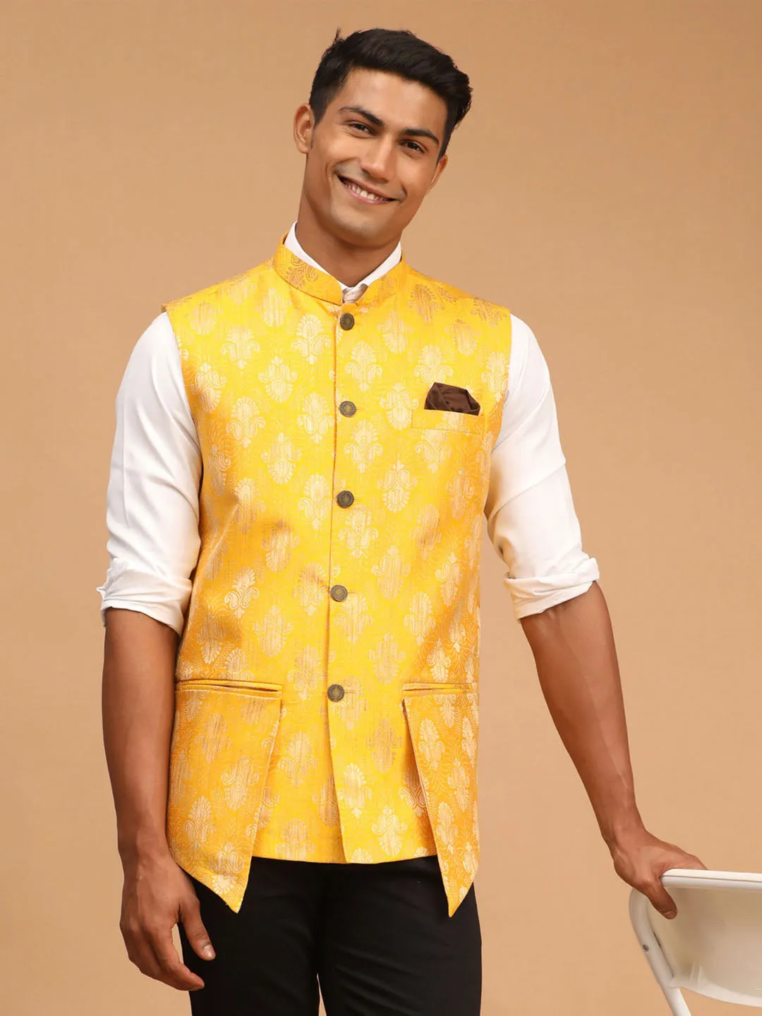 Men's Yellow Silk Blend Nehru Jacket - Shrestha By Vastramay