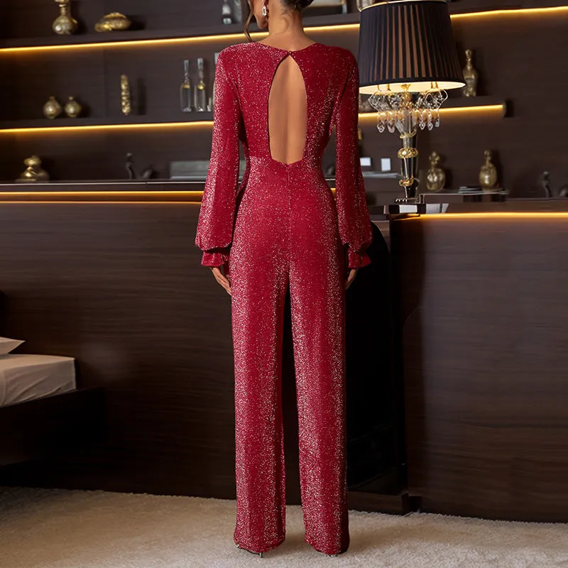 METAVERSMALL 2025 hot sale Valentine's Day back hollow sequined jumpsuit retro temperament high waist slim jumpsuit straight pants women