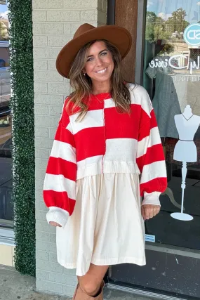 Mixed Media Striped Sweater Dress-Red/Ivory