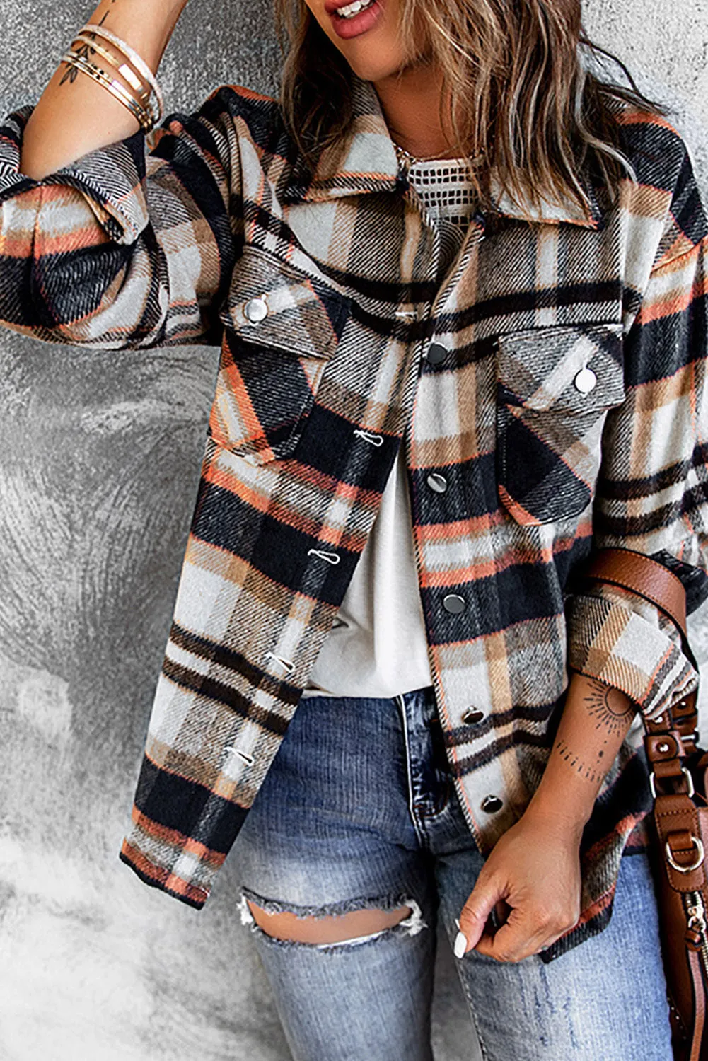 Multicolor Plaid Casual Button Up Flannel Shacket