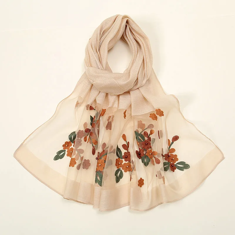 MZ066   Hot new organza flower embroidery nail beaded scarf women's travel out photo shawl spot