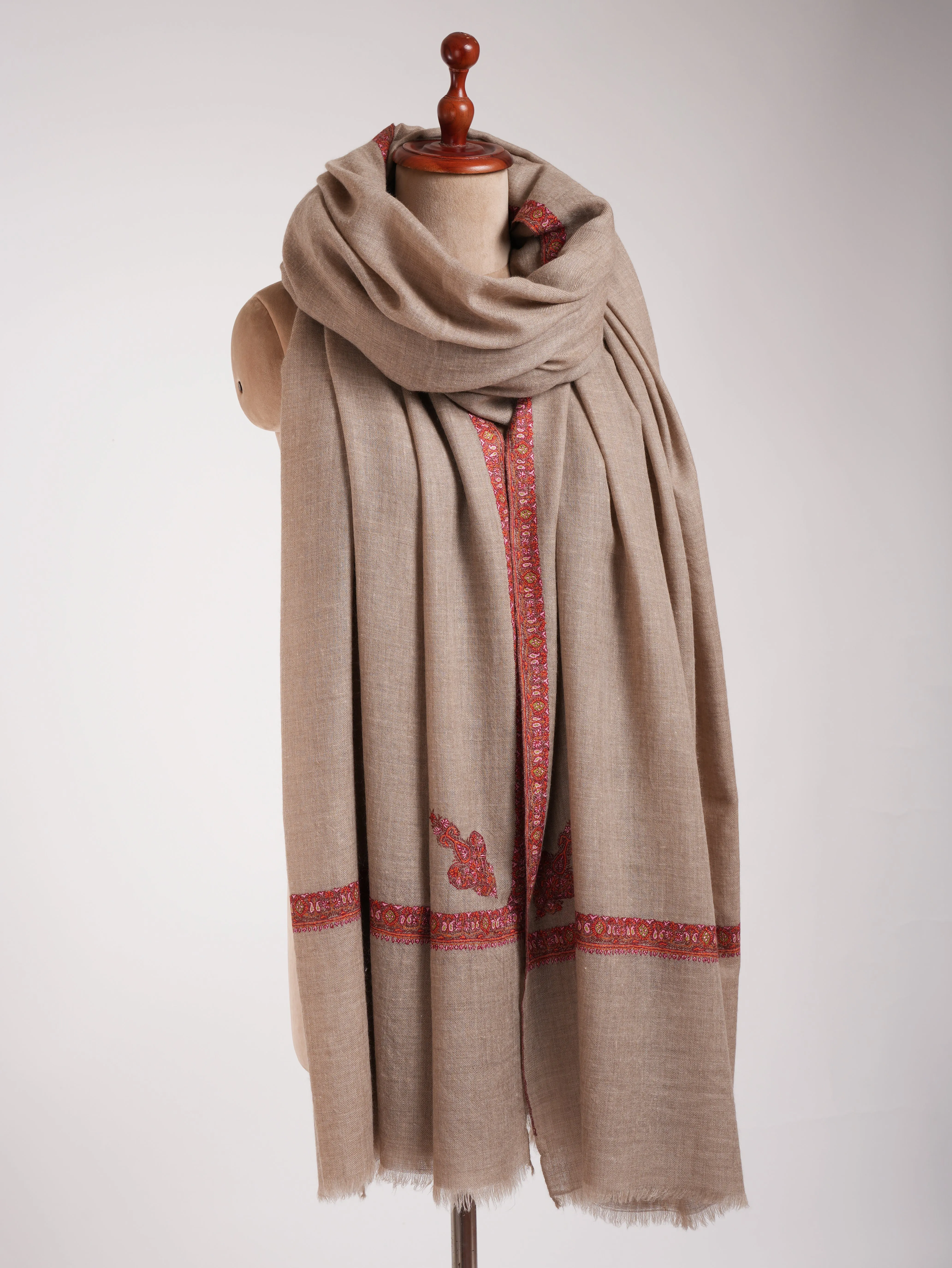 Natural Grey Sozni Embroidered Oversized Original Pashmina Shawl