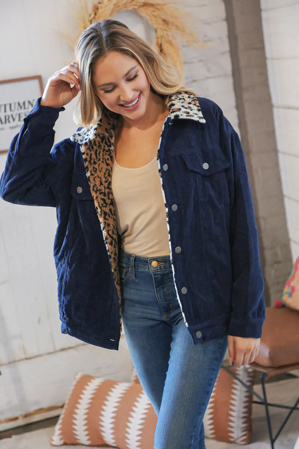 Navy Ribbed Animal Print Detail Button Sherpa Jacket