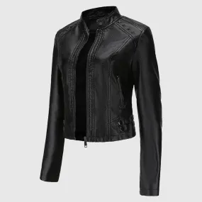 New Quality Allthemen Ladies Classic Casual Stand Collar Leather Jacket Slim Fit Zip Versatile Jacket Black