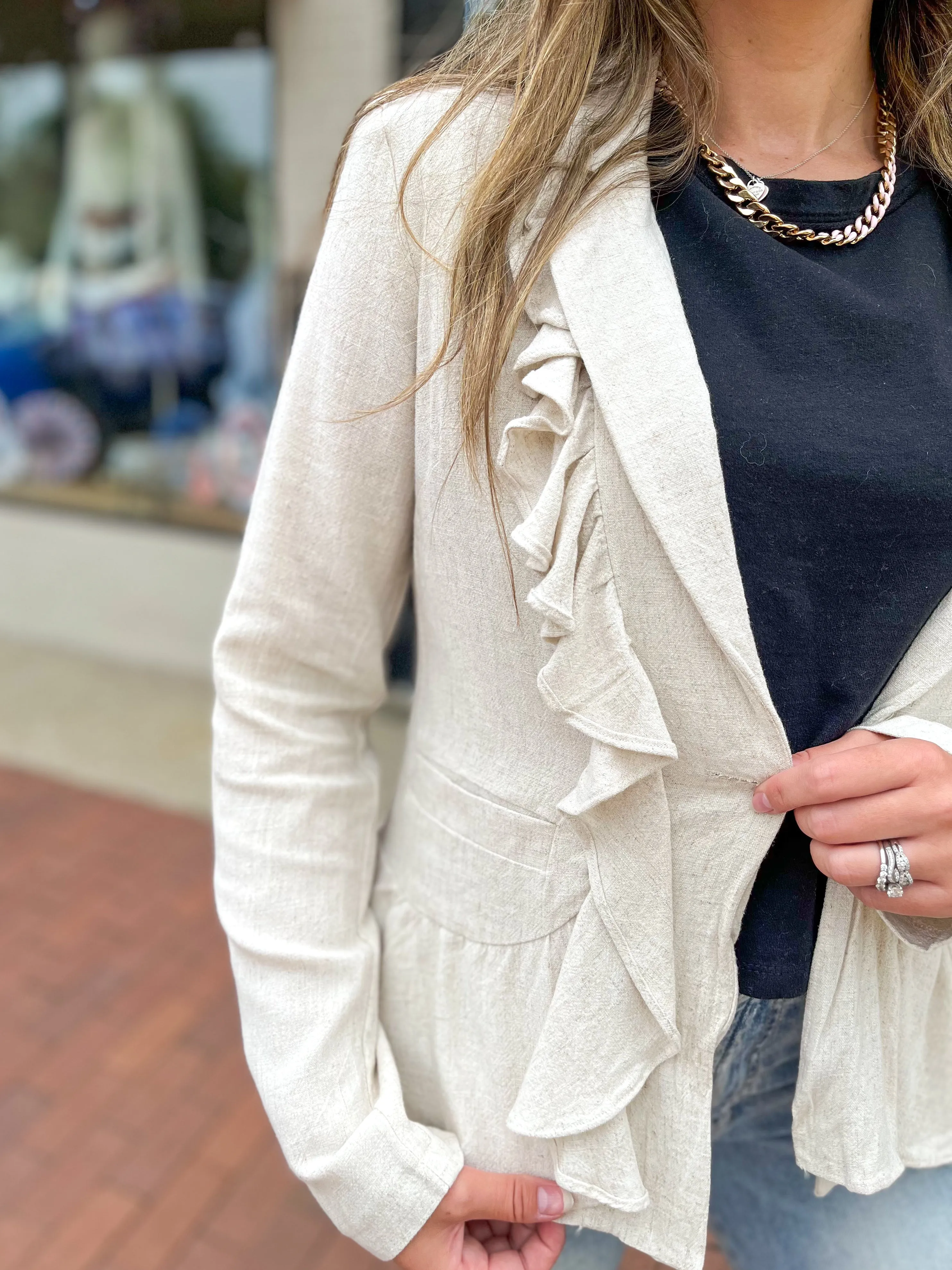 Oatmeal Linen Ruffle Peplum Blazer