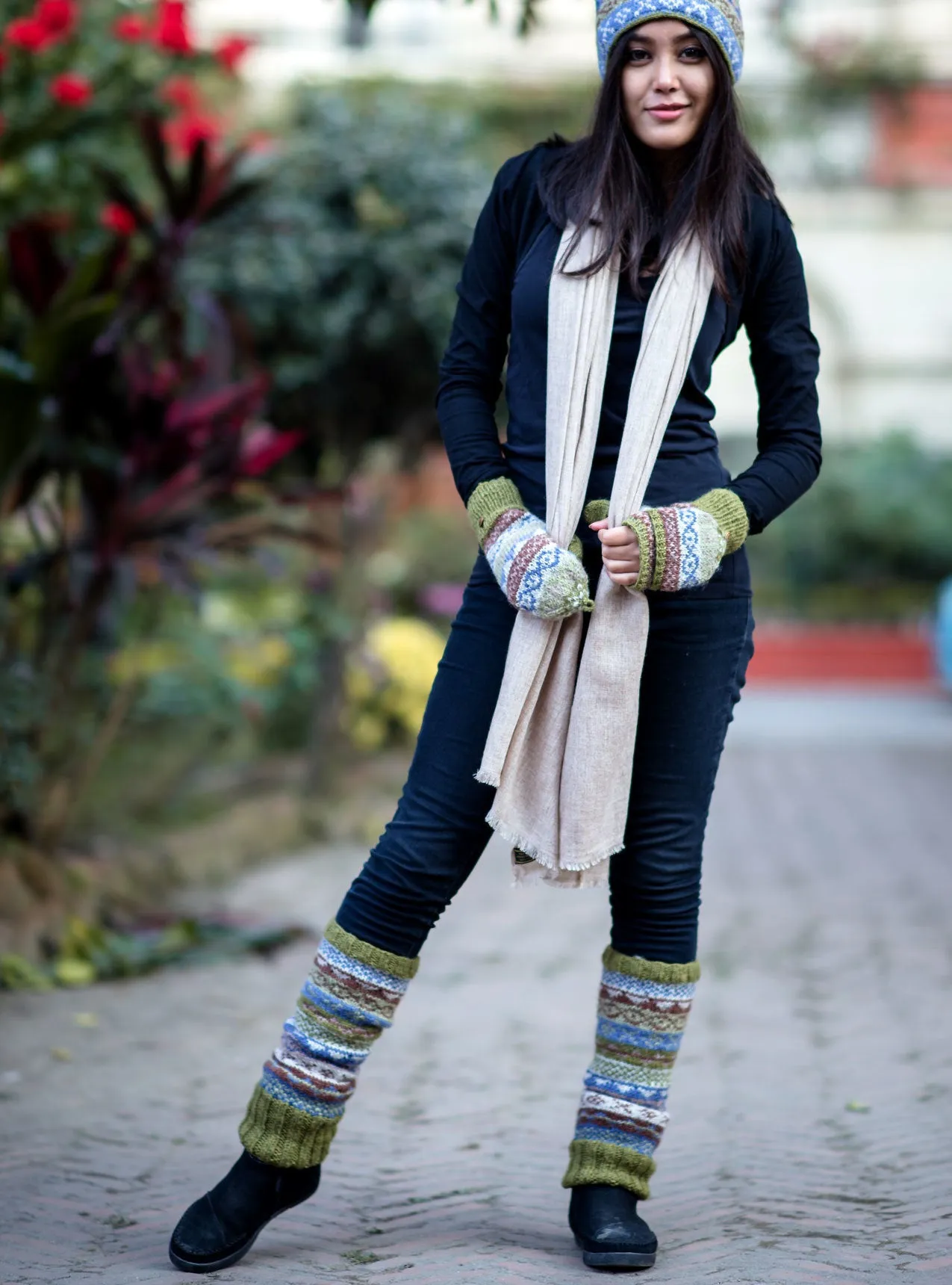 Olive Green Multi Pure Woolen Legwarmers