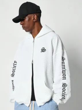 Oversized Quilted Texture Zip-Up Hoodie With Letter Graphic Print