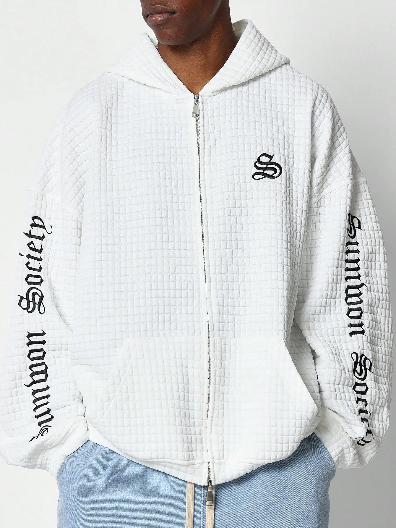 Oversized Quilted Texture Zip-Up Hoodie With Letter Graphic Print