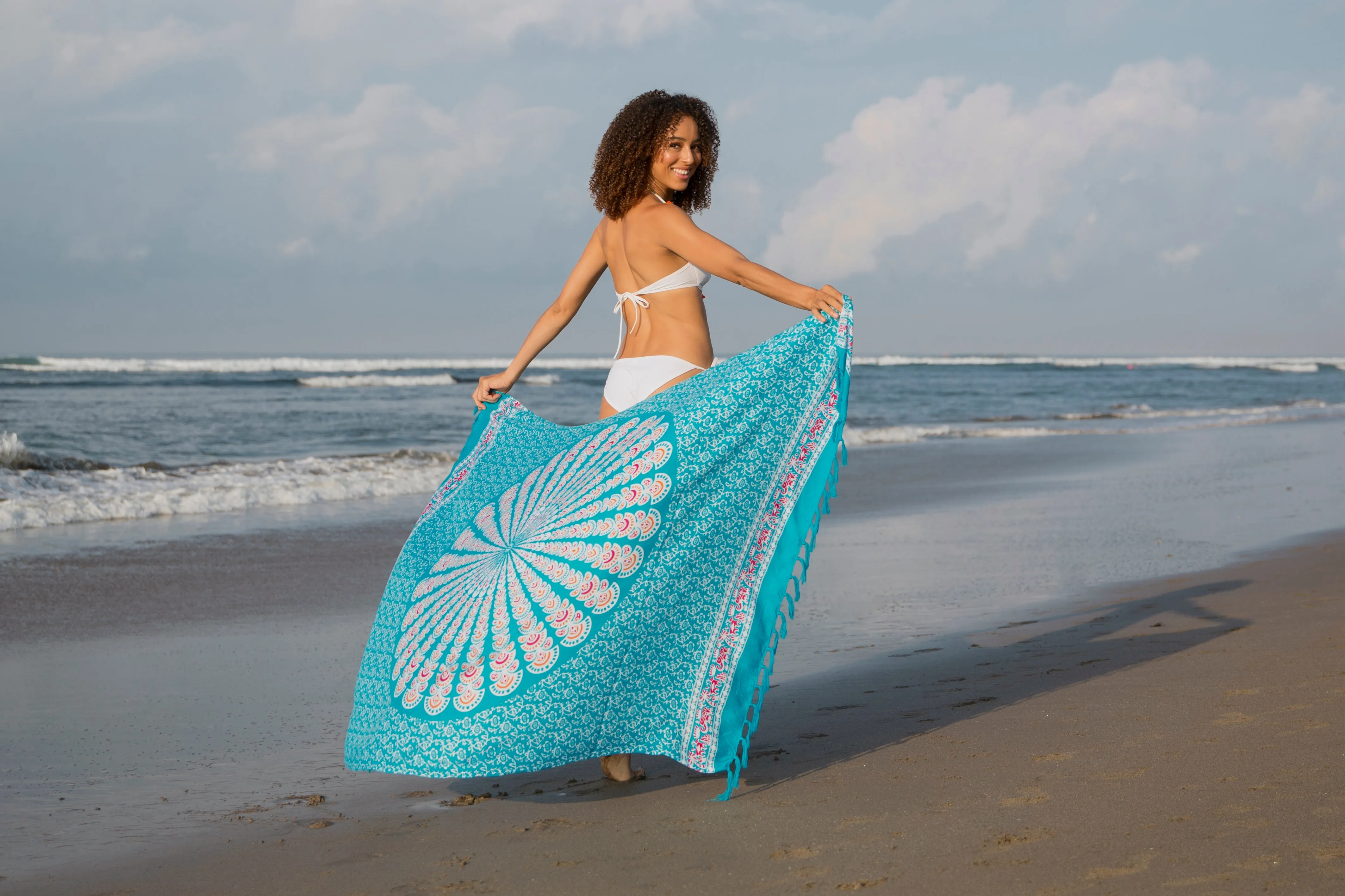 Peacock Print Sarong Cover up Wrap & Clip