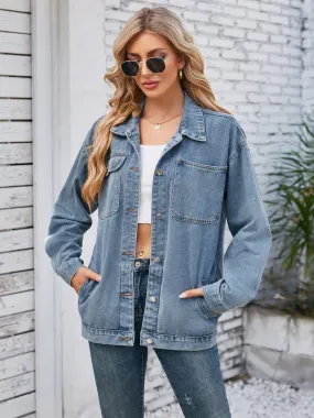 Pocketed Button-Up Detachable Hooded Denim Jacket