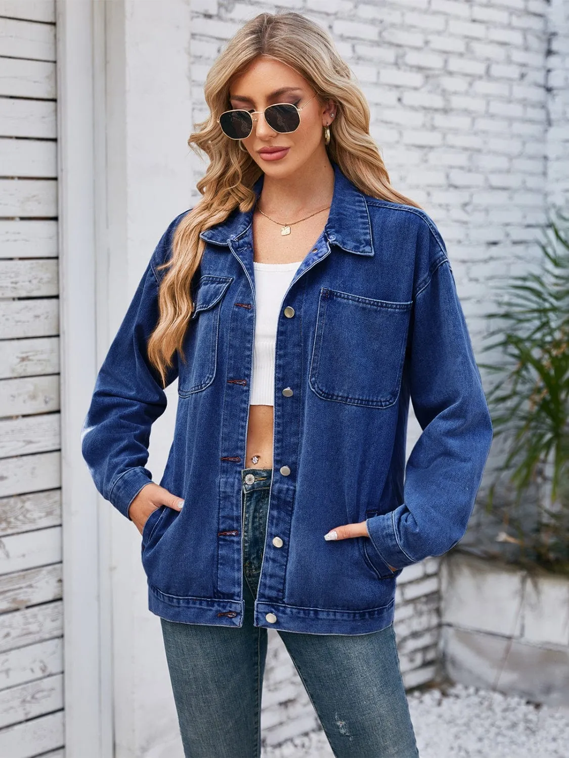 Pocketed Button-Up Detachable Hooded Denim Jacket