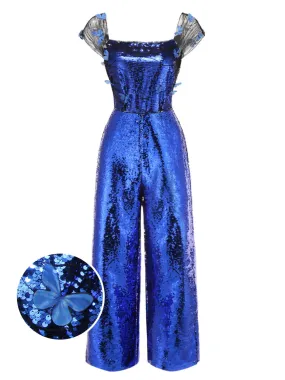 [Pre-Sale] Blue 1950s Square Neck Butterfly Sequined Jumpsuit