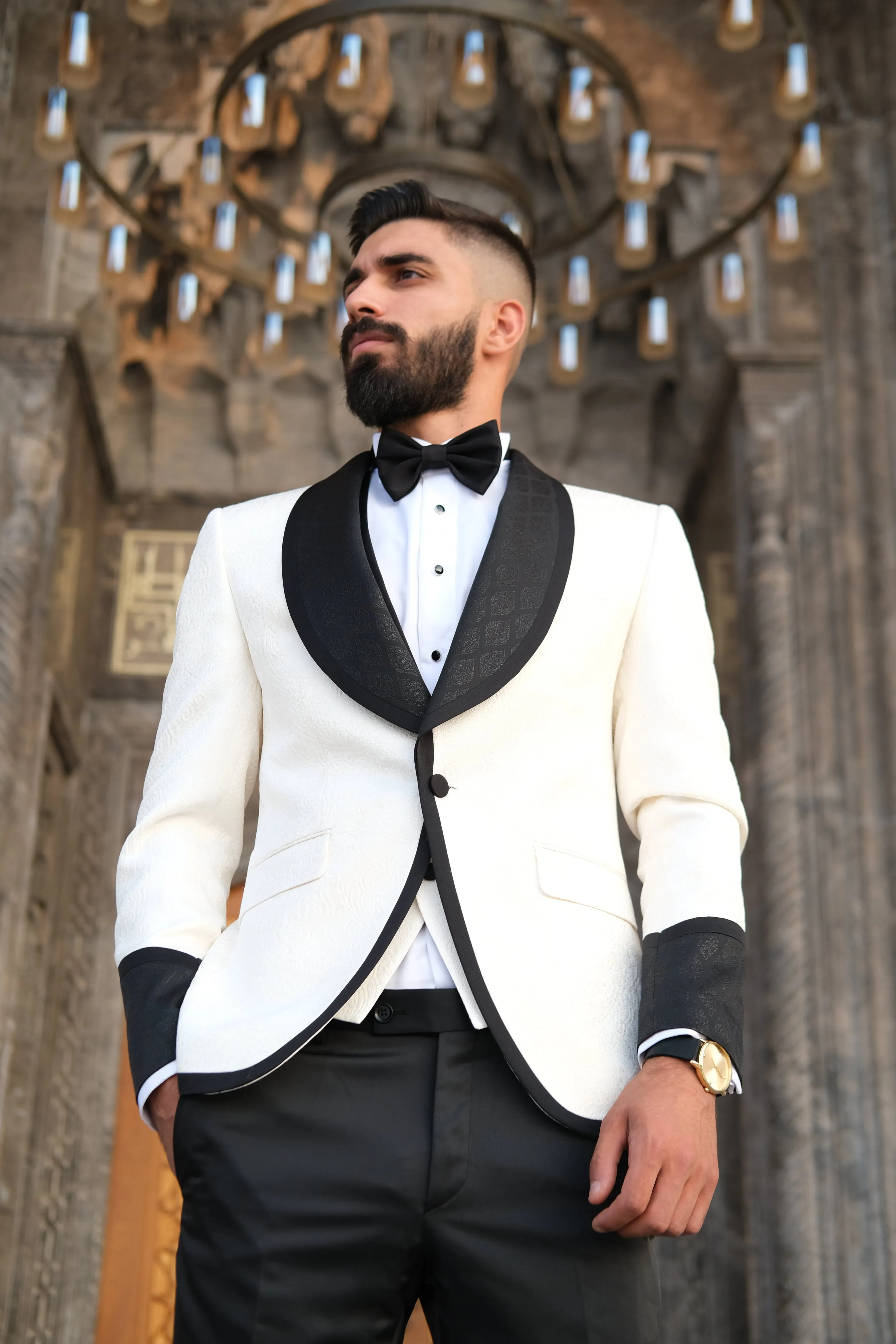 Premium Slim Fit Off White Color Wedding Tuxedo _ Shawl Black Lapel special sleeves