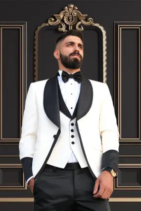 Premium Slim Fit Off White Color Wedding Tuxedo _ Shawl Black Lapel special sleeves