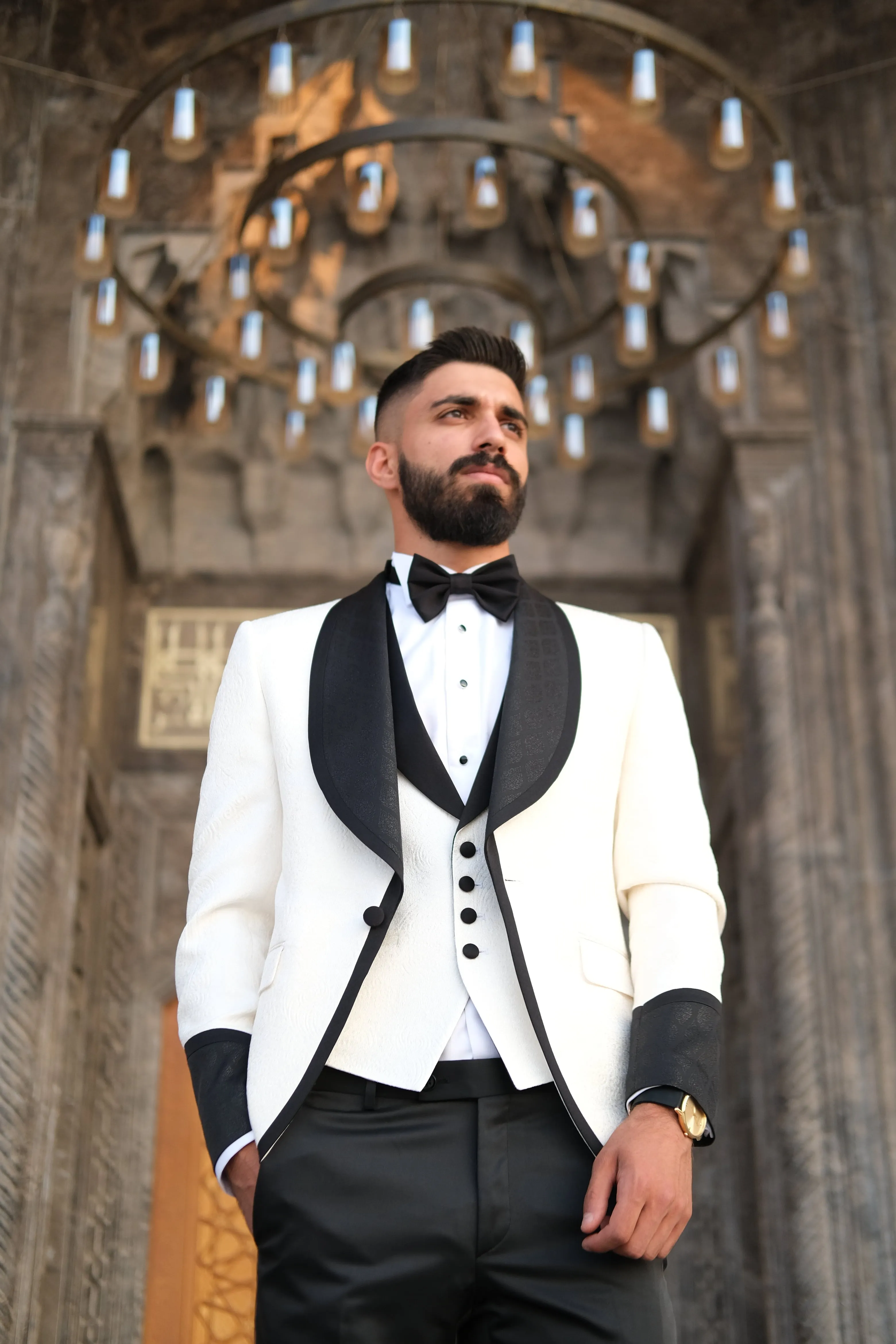 Premium Slim Fit Off White Color Wedding Tuxedo _ Shawl Black Lapel special sleeves