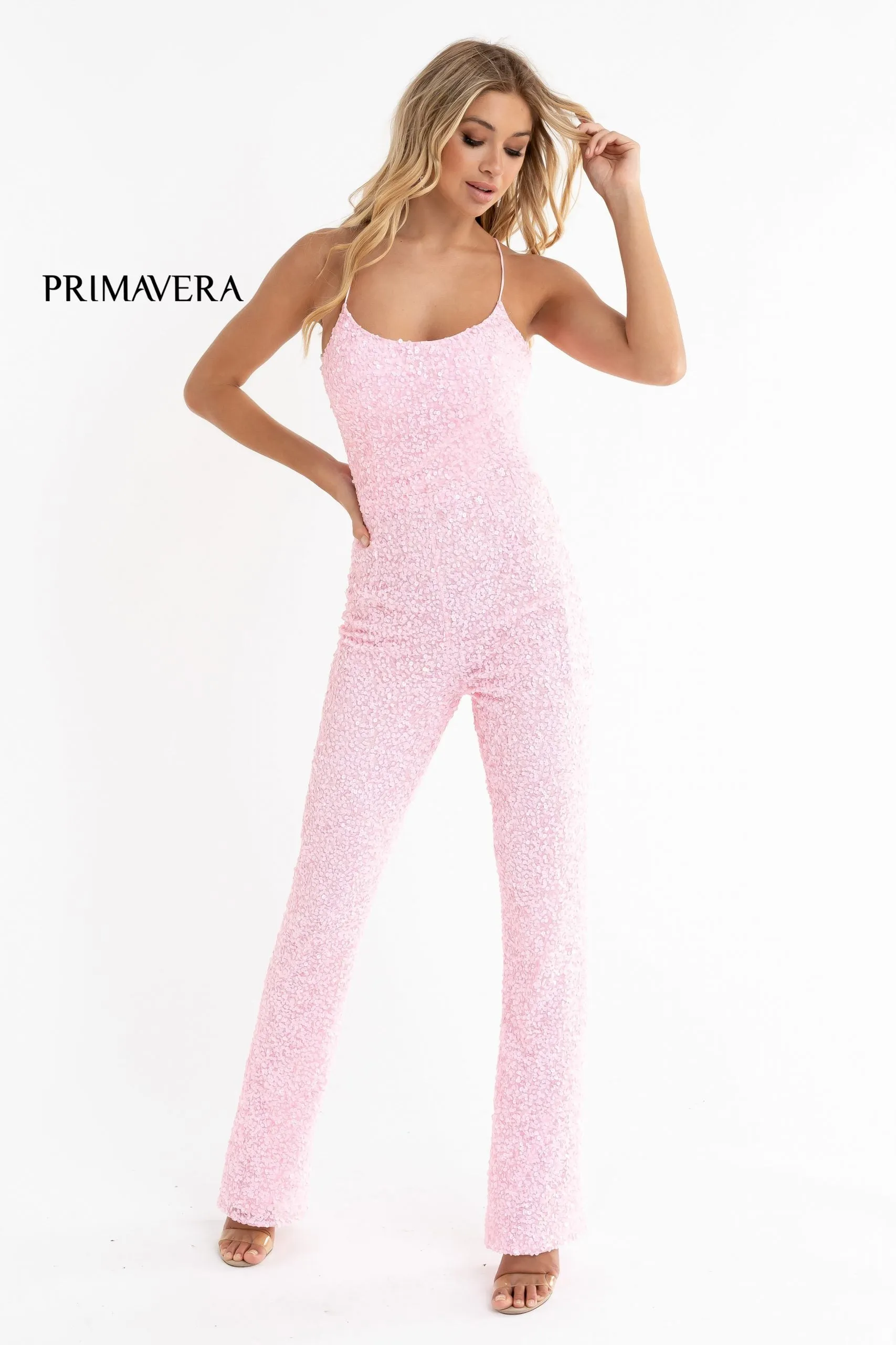 Primavera Couture 3774 Size 2, 6, 10 Ivory Sequin Jumpsuit Scoop Neckline Lace Up Tie Back Straight Legs