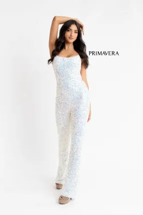 Primavera Couture 3774 Size 2, 6, 10 Ivory Sequin Jumpsuit Scoop Neckline Lace Up Tie Back Straight Legs