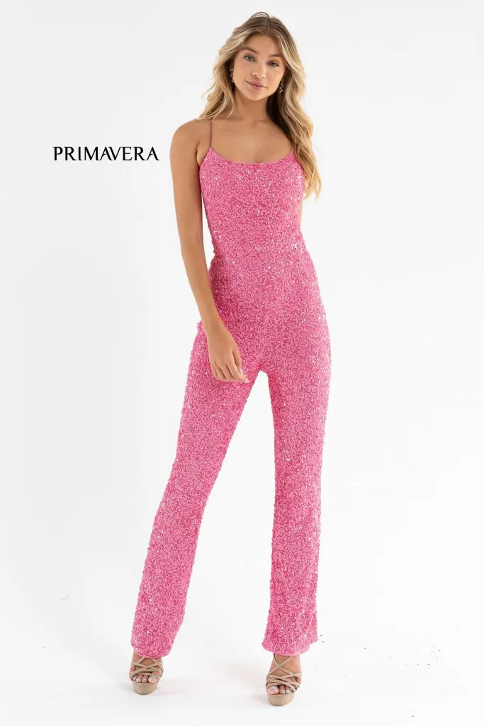 Primavera Couture 3774 Size 2, 6, 10 Ivory Sequin Jumpsuit Scoop Neckline Lace Up Tie Back Straight Legs