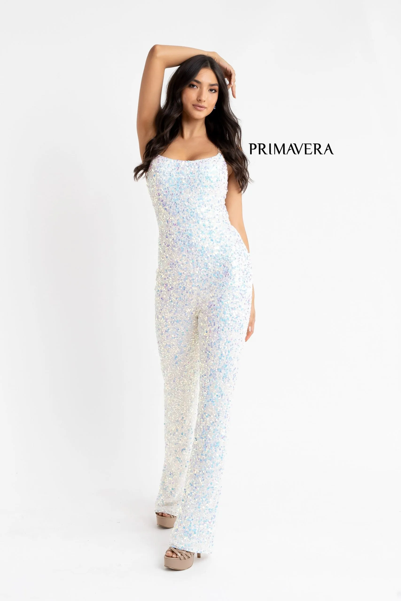 Primavera Couture 3774 Size 2, 6, 10 Ivory Sequin Jumpsuit Scoop Neckline Lace Up Tie Back Straight Legs