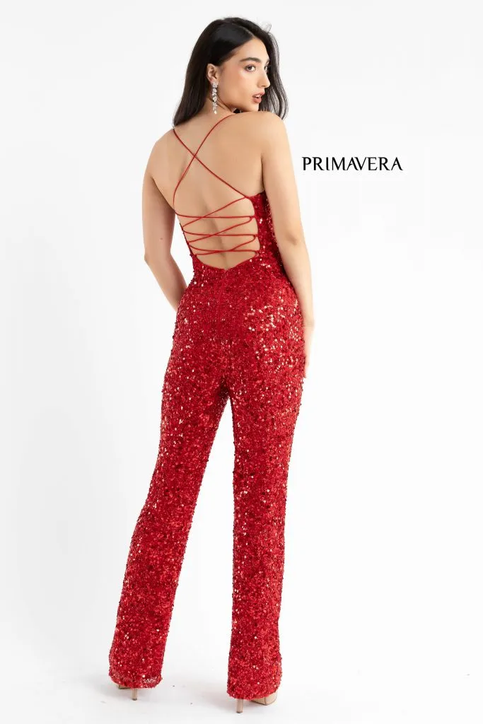 Primavera Couture 3774 Size 2, 6, 10 Ivory Sequin Jumpsuit Scoop Neckline Lace Up Tie Back Straight Legs