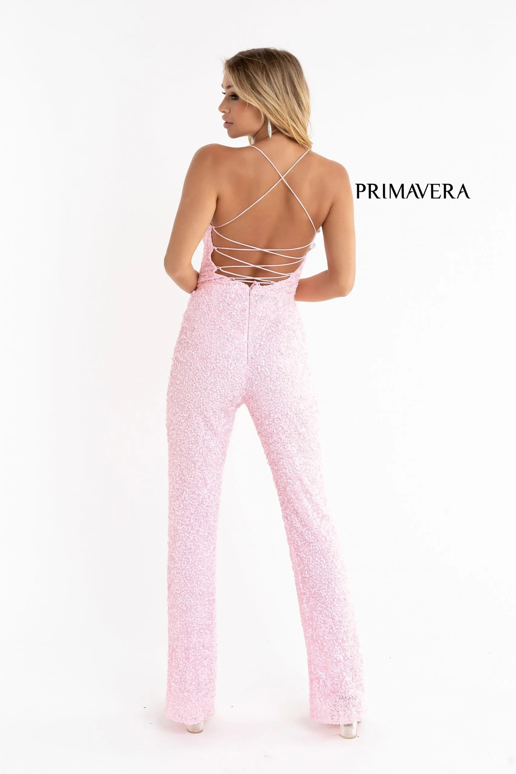 Primavera Couture 3774 Size 2, 6, 10 Ivory Sequin Jumpsuit Scoop Neckline Lace Up Tie Back Straight Legs