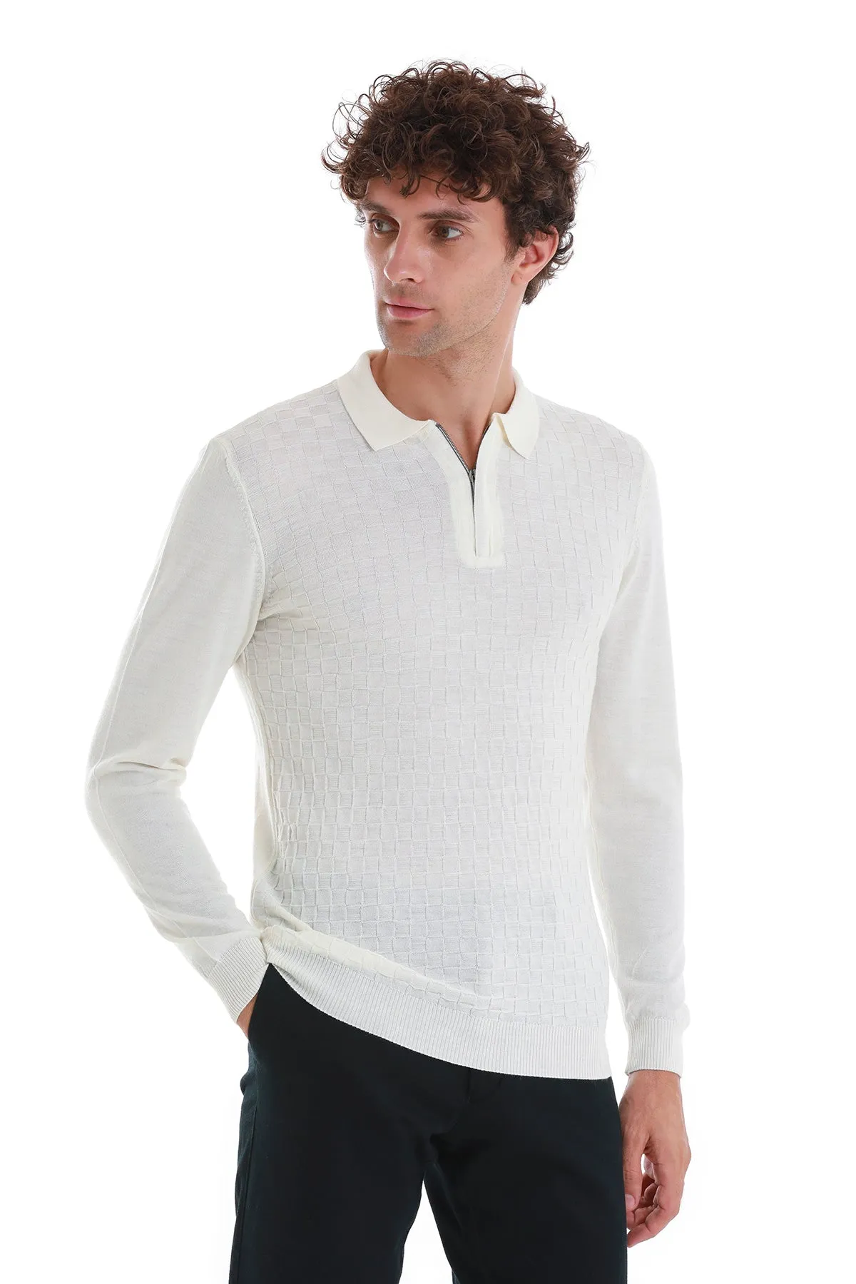 Regular Fit Ecru Wool Blend Polo Sweater