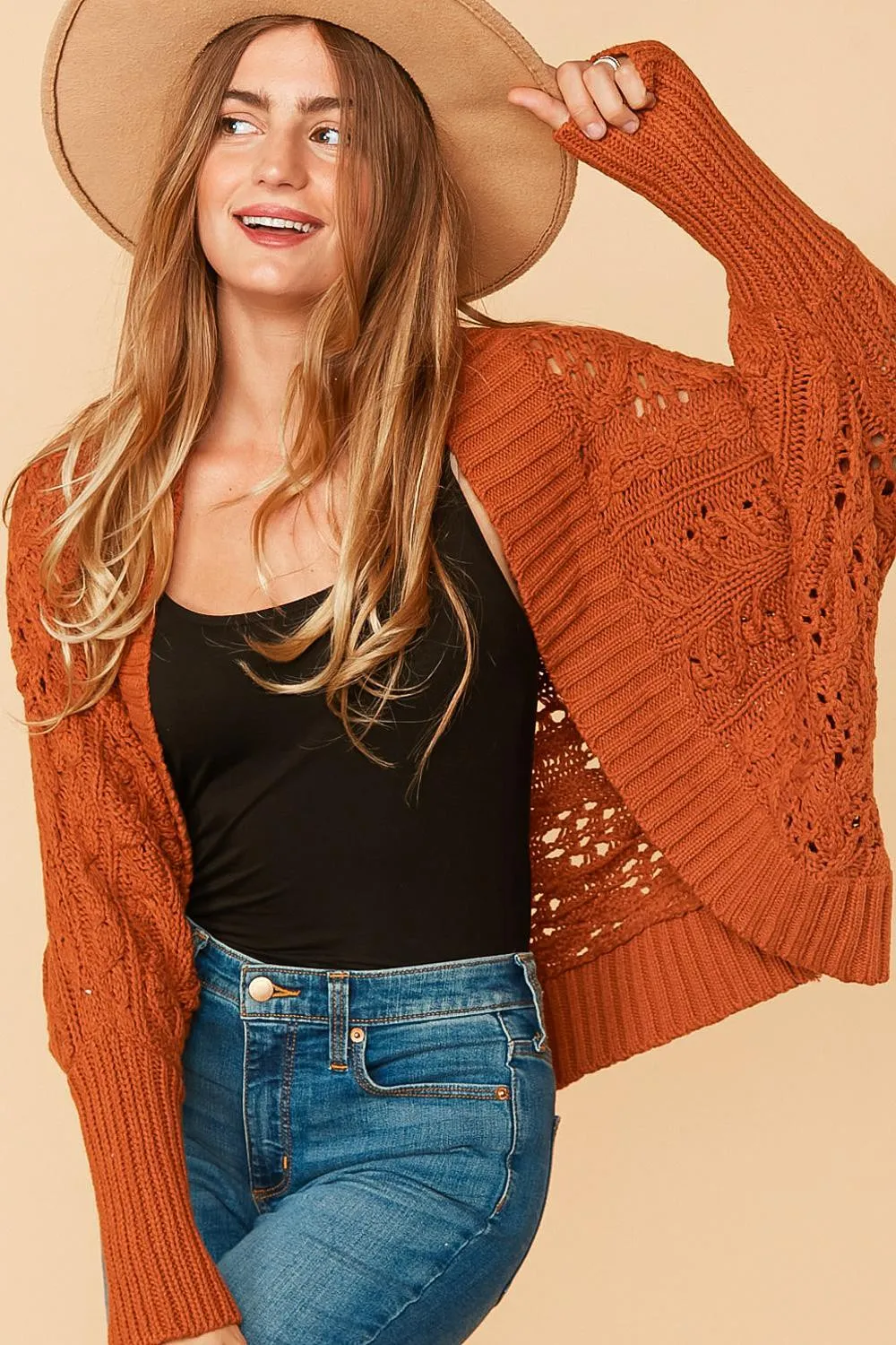 Rust Textured Cable Bolero Open Cardigan