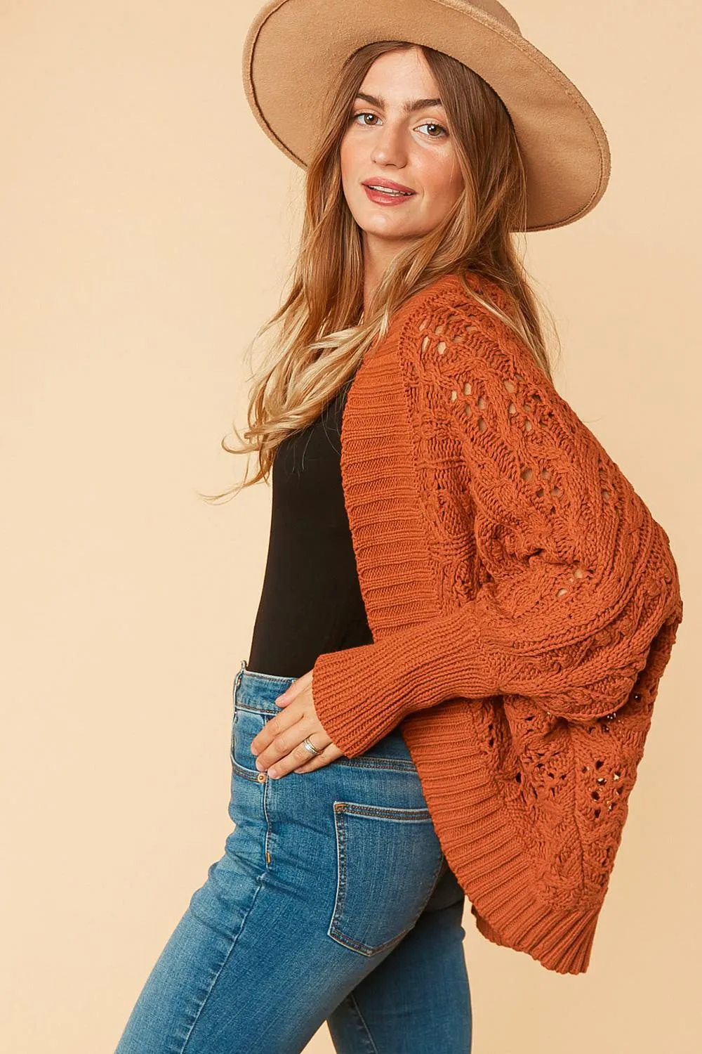 Rust Textured Cable Bolero Open Cardigan