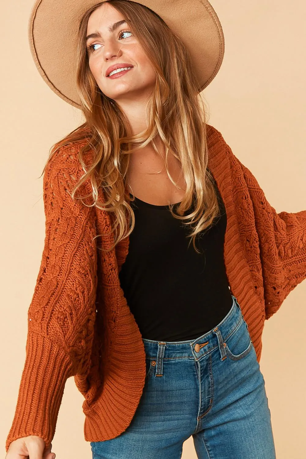 Rust Textured Cable Bolero Open Cardigan