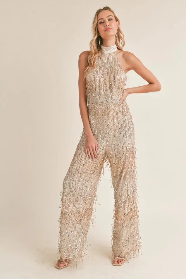 Sadie & Sage Light Up Halter Neck Sequined Jumpsuit