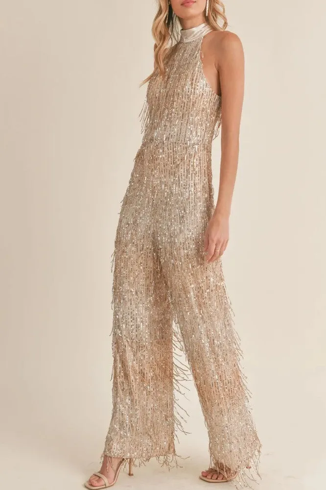 Sadie & Sage Light Up Halter Neck Sequined Jumpsuit